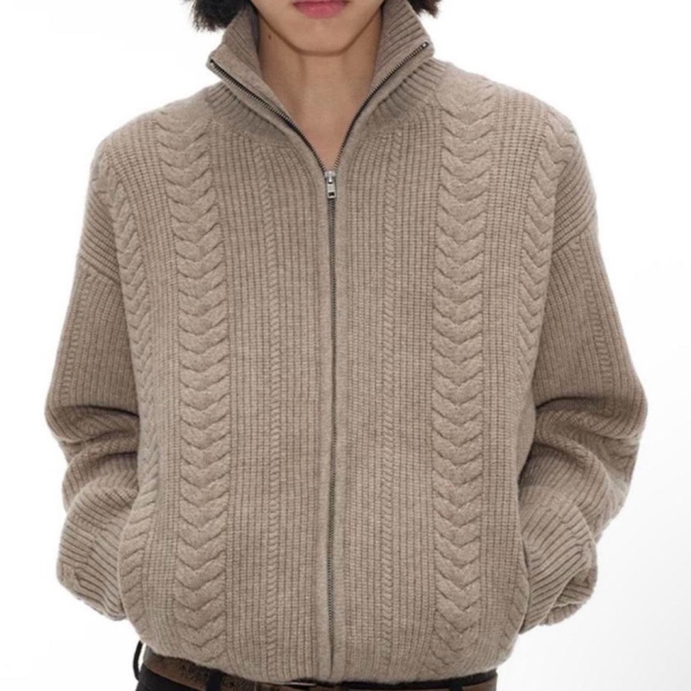 Men's Tan and Beige Cable Knit Sweater with Zipper